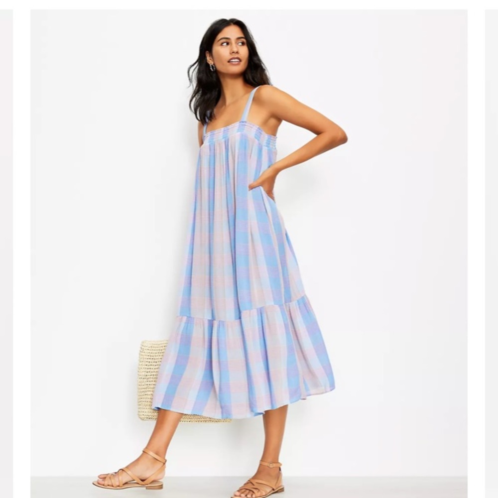 NWT LOFT Women's Plaid Smocked Pocket Midi Dress - Sky Blue Multi - Picture 2 of 3